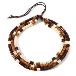 Detailed macro view of bohemian multilayer wood beads with adjustable cord closure