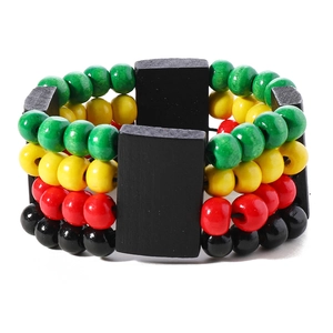 Detail of four-layer Rasta wood bead bracelet with green yellow red and black colors
