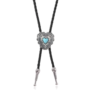 Punk vintage heart turquoise bolo tie with silver engraved slide and black leather cord