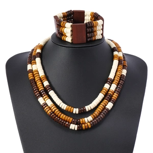 Handmade layered wooden bead necklace and bracelet set in vintage bohemian beach style