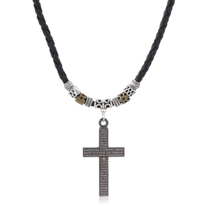Detail view of woven rope necklace with cross pendant engraved with scripture and vintage beads