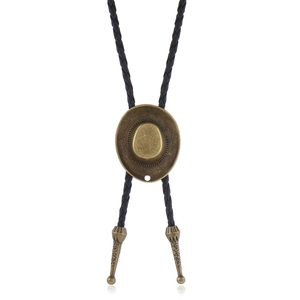 Vintage bronze cowboy hat bolo tie with black braided leather rope and metal tips