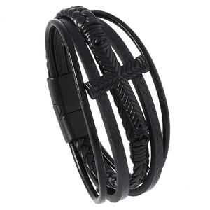 Men's multilayer black braided leather bracelet with a metal cross and magnetic clasp