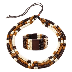Bohemian multi-layer wooden bead necklace and wide bracelet set for men beach surf style