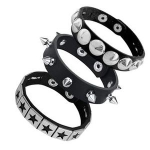 Detailed view of 3pcs black punk leather bracelets with stars and metallic rivets