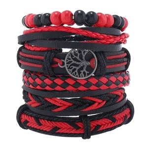 Multi-layer Tree of Life leather bracelet set with red wood beads and woven cords
