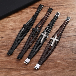 Men's multilayer leather cross bracelet with magnet clasp in black and brown finish