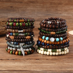 Bohemian Vintage Wood Bead Bracelet For Men Women Turquoise Stone Cat's Eye Alloy Feather Pendant Beaded Bracelet Jewelry