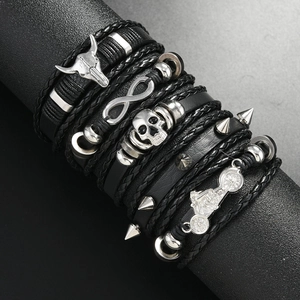 Men's punk leather multi-layer bracelet with bull head skull and motorcycle pendants