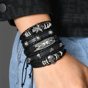 Five-piece punk leather bracelet set with skull and star charms for men and rockers