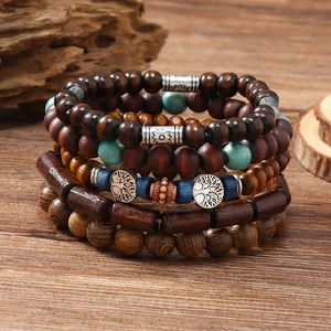 Bohemian multilayer turquoise bead bracelet set with silver Tree of Life and Sun charms