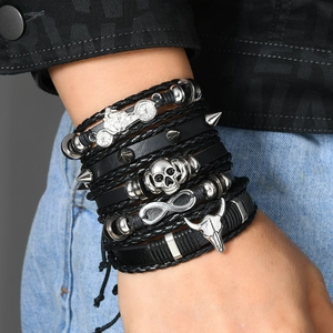 Men's punk leather multi-layer bracelet set with silver skull and bull head charms