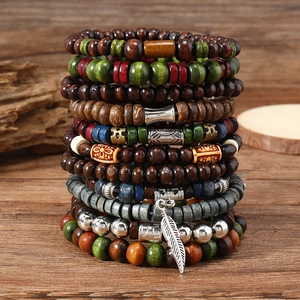 Bohemian multi-layer wooden bead bracelet set with turquoise and silver feather charms