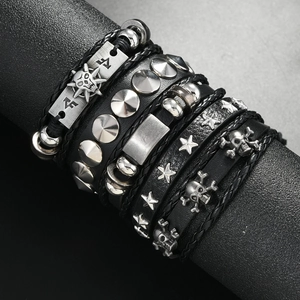 Men's punk multilayer leather bracelet set with metallic skull and silver studs
