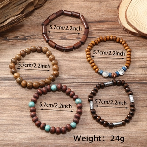 Detail view of five-piece multilayer wood bead bracelets with turquoise accents and size data