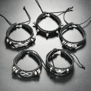 5-piece men's punk leather bracelet set with motorcycle, skull, and bull head charms
