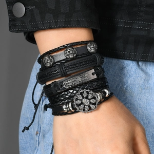 Men's multilayer braided leather skull bracelet with religious cross metal charms