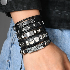 Men's multilayer punk leather bracelet set with metal skull and rivet charms