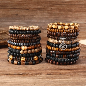 Vintage Handmade Wood Beaded Bracelets Tree Of Life Cross Pendant Volcanic Stone Elastic Adjustable Retro Jewelry For Men Women
