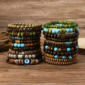 Bracelet Ethnique Boho pour Femmes Bois Alliage Turquoise Artificielle Cuir Artificiel Mauvais Œil Papillon Breloques Bijoux Perlés