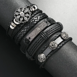 Men's multilayer leather skull bracelet with engraved Lord's Prayer metal plate