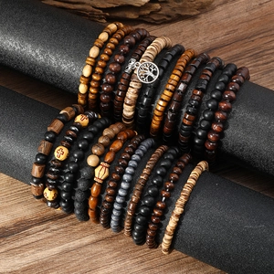 Retro men's beaded bracelet set featuring tree of life and volcanic stone charms