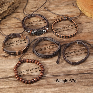 Detailed view of Tree of Life multilayer braided leather and wood bead bracelet set for men