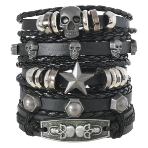 Punk style multi-layer men's leather bracelet set with skull and star metal charms