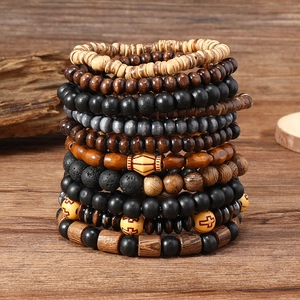 Vintage 22-piece tree of life beaded bracelet set with wooden and coconut shell beads