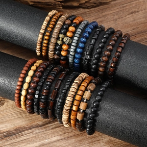 Set of 22 vintage men's multi-layer wooden bead bracelets with skull and dumbbell charms