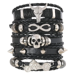 5-piece punk leather bracelet set with bull skull, motorcycle and skull charms