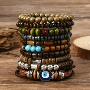 Set de 20 bracelets bohèmes avec perles en turquoise, bois et breloque œil bleu