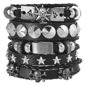 Men's multilayer black leather bracelet set with skull charms and punk rivets