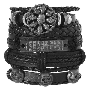 Men's multilayer leather skull bracelet with engraved Lord's Prayer metal plate