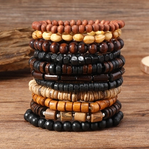 22-piece vintage multilayer wooden bead bracelet set for men with skull and dumbbell charms
