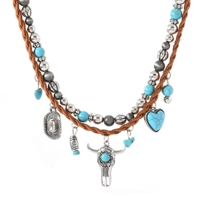 Retro turquoise bull skull layered necklace with heart charms and brown braided rope