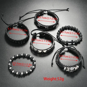 Detail view of 6-piece men punk skull and star leather bracelets with bead textures