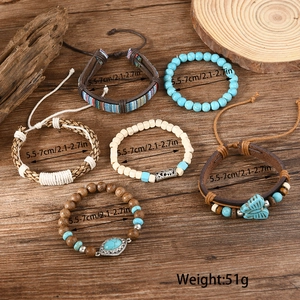 Detailansicht von 6-teiligen Boho-Türkis-Armbändern mit Größen- und Gewichtsangaben