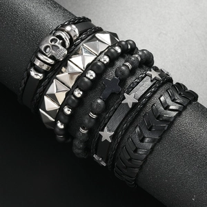 Punk hip hop skull and star multilayer braided leather bracelet set for men
