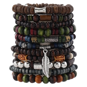 Bohemian multi-layer wooden bead bracelet set with turquoise and silver feather charm