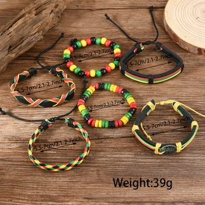 Detail of 6-piece Rasta style multi-layer braided leather and wood bead bracelet set