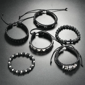 6pcs punk hip hop bracelet set with skull, leather weaving, studs and cross charms