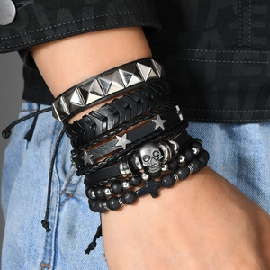 Punk rock skull leather bracelet set with star charms and pyramid studs for men