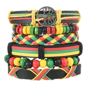 Men's Tree of Life leather bracelet set with red, yellow, green, and black woven bands