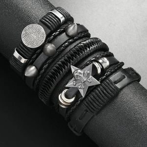 Men's punk leather bracelet set with silver skull, star charms and cross stud rivets
