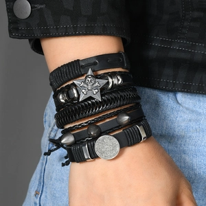 Men's punk multilayer leather bracelet set with skull star and cross metal charms