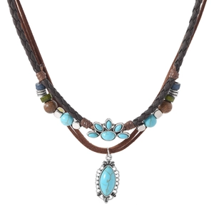 Bohemian multi-layer necklace with turquoise flower pendant and braided leather rope