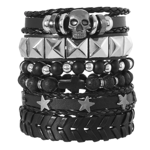 Punk leather multi-layer skull and pentagram bracelet set with black beaded charms
