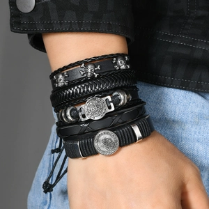 Punk multilayer leather bracelet set with silver skull and St. Benedict metal charms