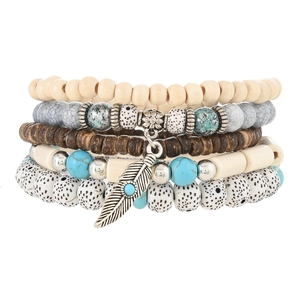 Bohemian multilayer turquoise bead bracelet set with silver feather pendant detail